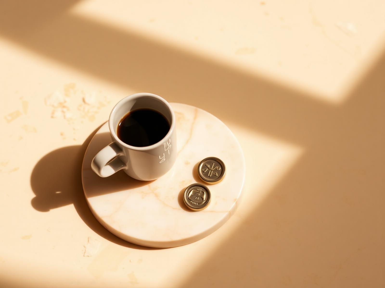 A ceramic espresso cup beside a small brass wax-seal stamp